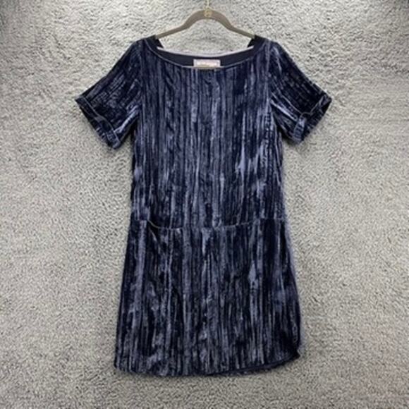 Anthropologie Flareat Shirt Dress Crushed Velvet Blue Short Sleeve Front Pockets - Picture 2 of 10